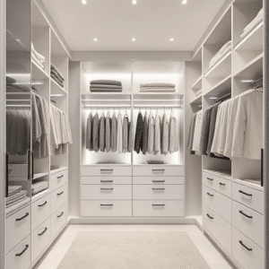 A sleek and modern minimalist walk-in closet with clean lines, matte white and grey finishes, handleless drawers, floating shelves, integrated LED lighting, and neutral-toned clothing arranged neatly. Serene, spacious, and spa-like.