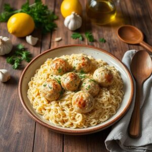 Creamy Garlic Orzo with Lemon Chicken Meatballs Recipe