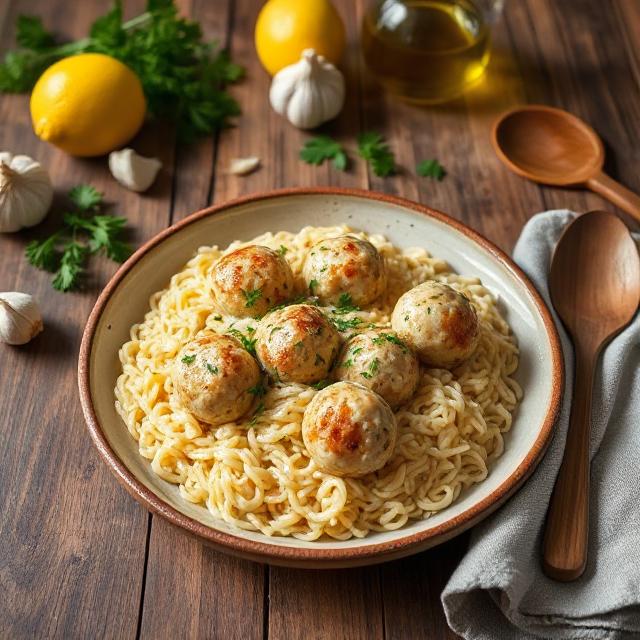 Creamy Garlic Orzo with Lemon Chicken Meatballs Recipe