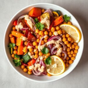 Roasted Veggie & Chickpea Bowls with Maple Dijon Tahini Dressing