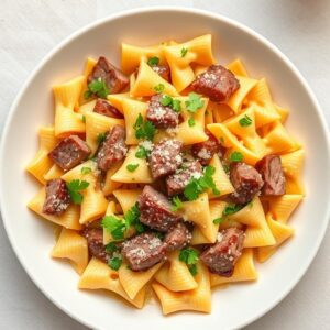 Creamy Beef Bowtie Pasta with Garlic Parmesan Sauce