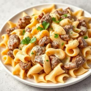 Creamy Beef Bowtie Pasta with Garlic Parmesan Sauce