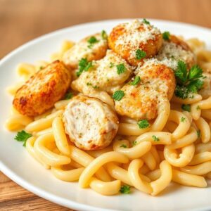Garlic Parmesan Chicken Bites with Creamy Rotini