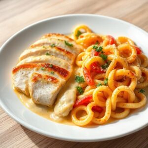 Creamy Garlic Parmesan Chicken with Cheesy Twisted Pasta