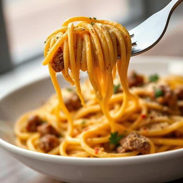Cajun Beef Spaghetti in Creamy Three-Cheese Parmesan Sauce