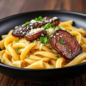 Garlic Butter Steak Parmesan Rigatoni